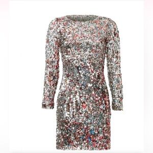 Badgley Mischka Silver Sequin Long Sleeve Dress NWOT Holiday New Years Eve